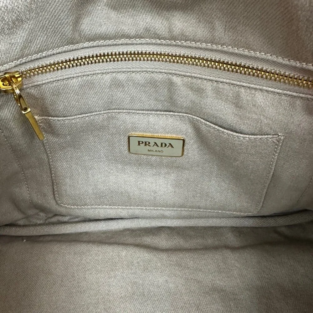 ❌SOLD❌Authentic Prada Canapa Logo/ Enamel Metal Triangle Denim Tote Bag - Picture 9 of 14